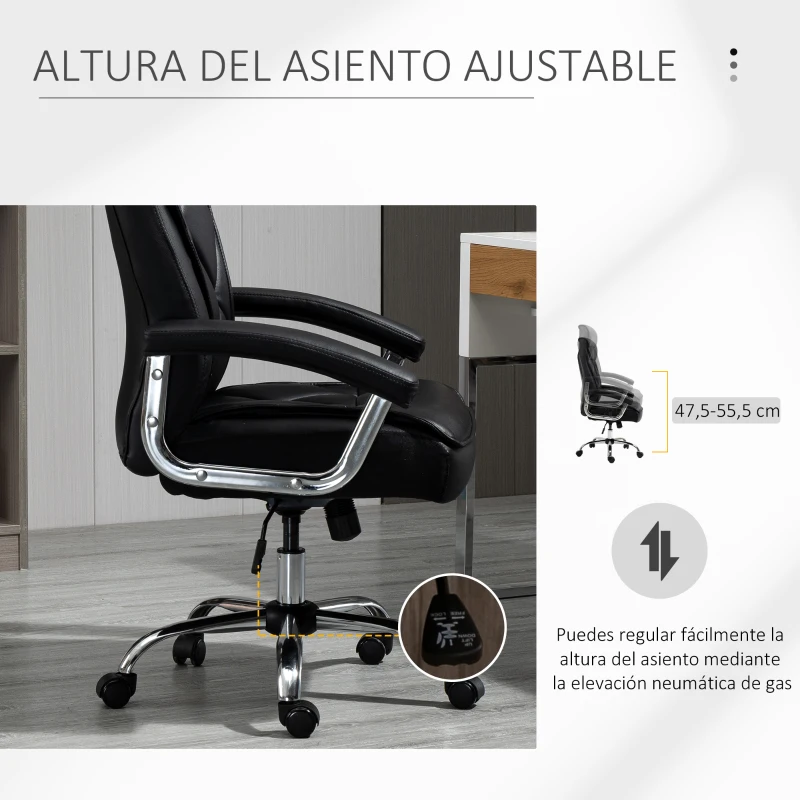 Vinsetto Silla Despacho Ergonómica Silla de Oficina Giratoria y Basculante con Respaldo Alto y Reposacabezas Acolchado Piel Sintética 66x69x113-121 cm Negro