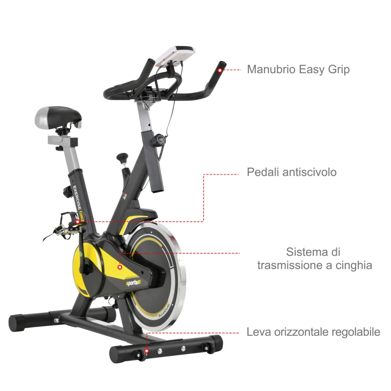 HOMCOM Spin Bike con Altezza regolabile 112-122cm Nera e Gialla, Volano 10kg