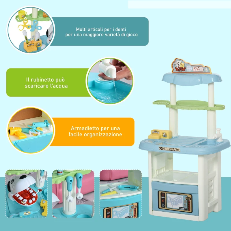 HOMCOM Set Giocattolo Dentista & Veterinario con 43 Accessori Inclusi per Bambini +3 Anni, Azzurro, 50x32x86cm