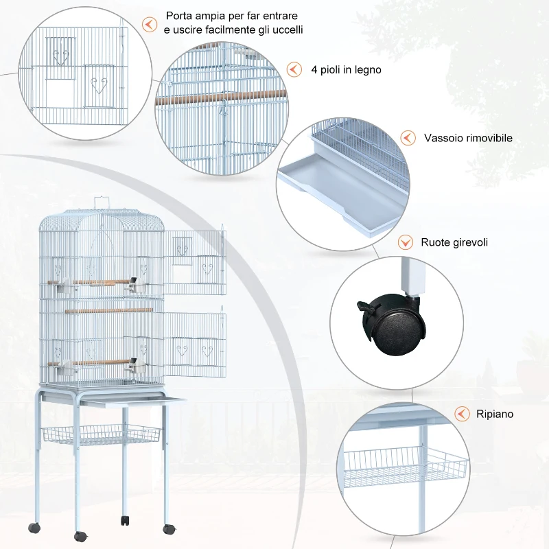 PawHut Voliera per Uccellini con Ruote Alta 153cm in Metallo Trespoli e Altalena