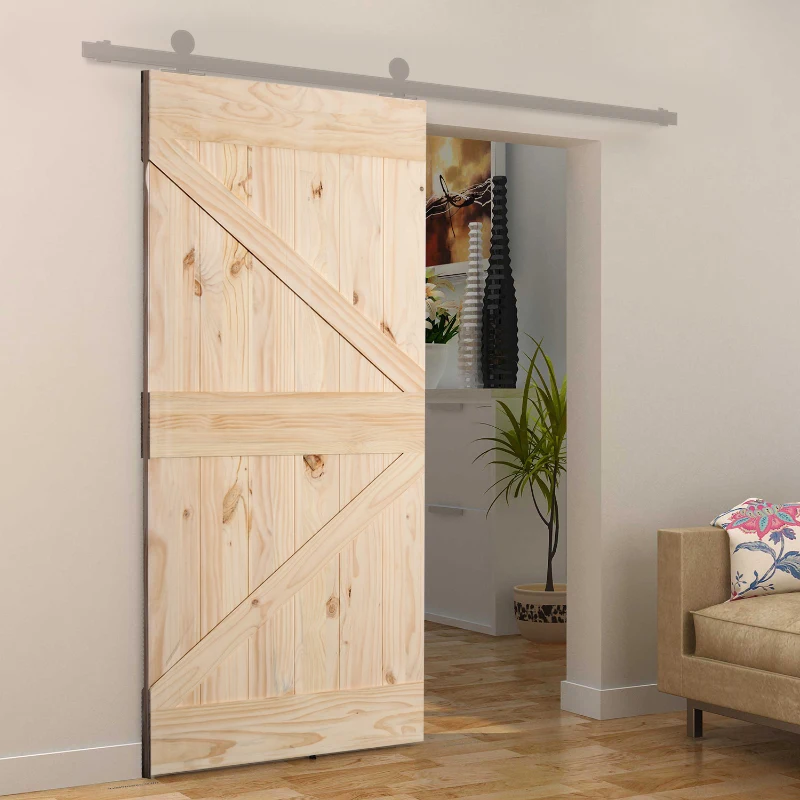 HOMCOM - Porta Scorrevole Barn Door in Legno di Pino Laccatura DIY, 213 x 96.5 x 3.5cm, Naturale