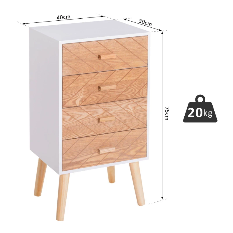 HOMCOM Cassettiera in Legno 4 Cassetti, 40x30x75cm, Bianco e Legno