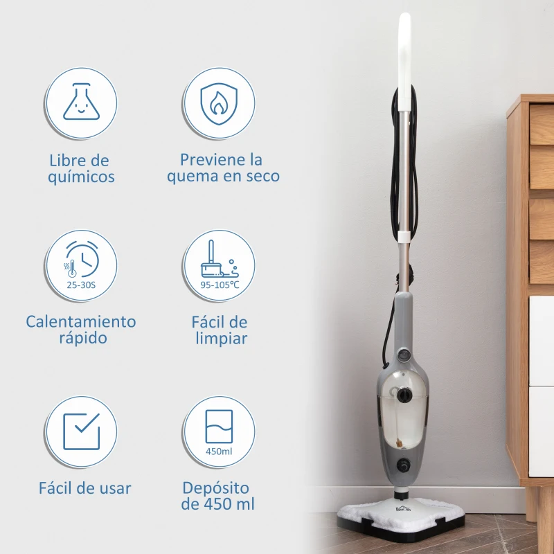 HOMCOM Mopa a Vapor 1300W Limpiador a Vapor Multifuncional con Depósito de 450 ml y 11 Accesorios Incluidos Calentamiento en 25-30 Segundos 28x21x112 cm Gris y Blanco