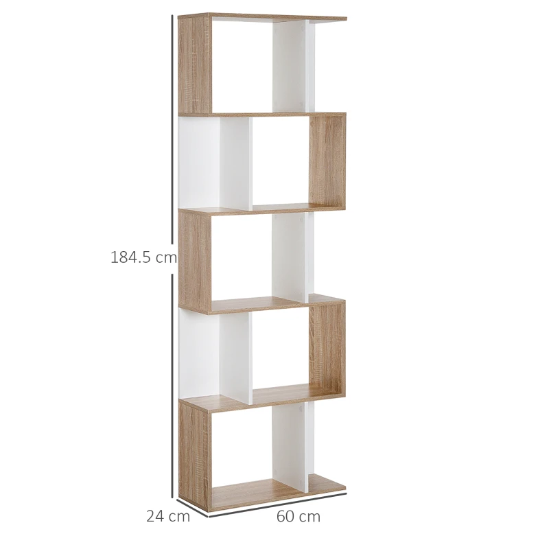 HOMCOM 5-tier Bookcase Storage Display Shelving S Shape design Unit Divider Natural