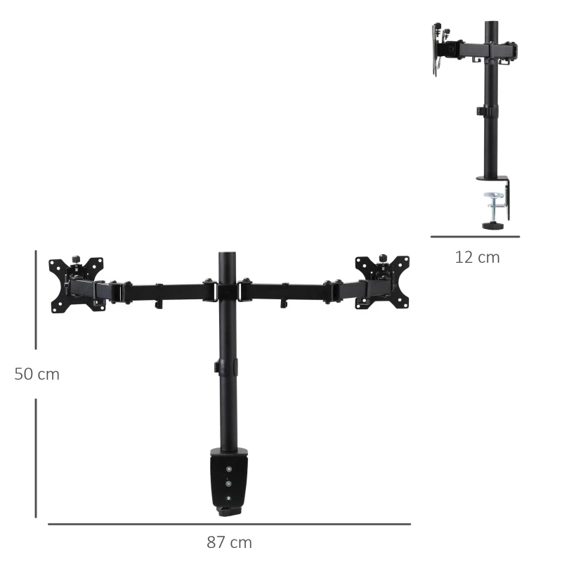 Vinsetto Soporte Monitor Doble para Pantallas de 13-32 Pulgadas LED LCD VESA 75/100 mm con Brazo de Resorte de Gas Ajustable Giratorio 360° 2 Opciones de Montaje 87x12x50 cm Negro