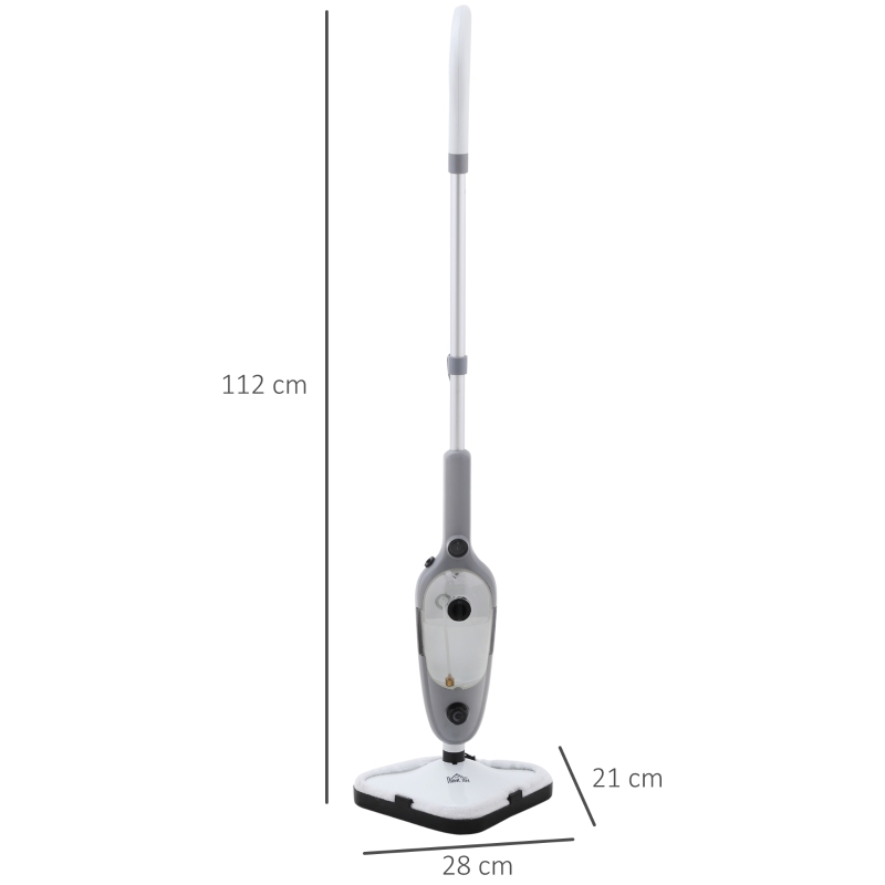 HOMCOM Mopa a Vapor 1300W Limpiador a Vapor Multifuncional con Depósito de 450 ml y 11 Accesorios Incluidos Calentamiento en 25-30 Segundos 28x21x112 cm Gris y Blanco