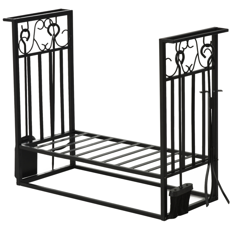 HOMCOM Estante para Leña de Chimenea 75x30x60 cm Soporte para Leña Tradicional Portaleña de Diseño Vintage con 4 Herramientas Base Elevada Carga Máx. 100 kg Acero Negro