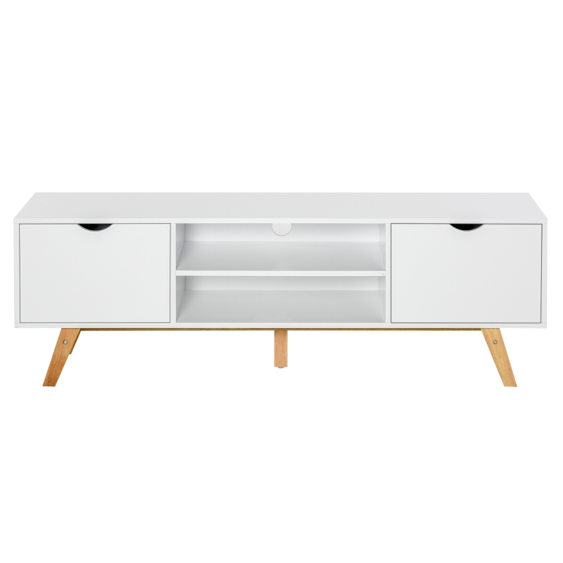 HOMCOM Armario para TV Soporte de Televisor Espacioso con 2 Armarios Estantes Abiertos Manija Oculta Patas de Madera 150x39x50 cm Blanco