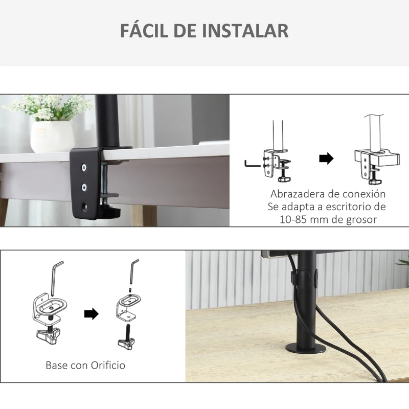 Vinsetto Soporte Monitor Doble para Pantallas de 13-32 Pulgadas LED LCD VESA 75/100 mm con Brazo de Resorte de Gas Ajustable Giratorio 360° 2 Opciones de Montaje 87x12x50 cm Negro