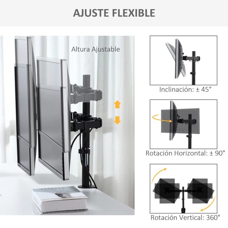 Vinsetto Soporte Monitor Doble para Pantallas de 13-32 Pulgadas LED LCD VESA 75/100 mm con Brazo de Resorte de Gas Ajustable Giratorio 360° 2 Opciones de Montaje 87x12x50 cm Negro