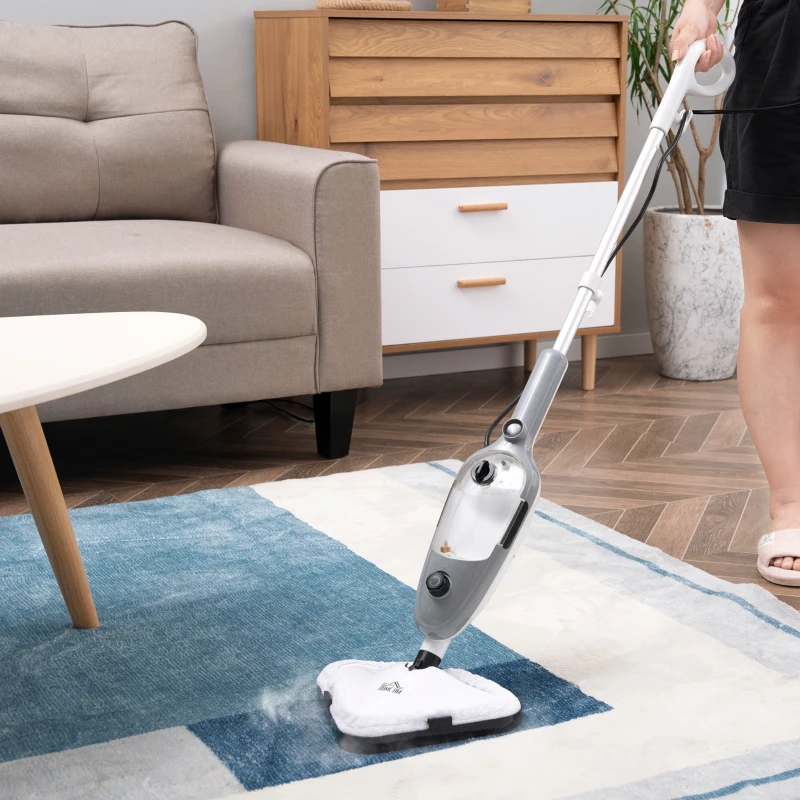 HOMCOM Mopa a Vapor 1300W Limpiador a Vapor Multifuncional con Depósito de 450 ml y 11 Accesorios Incluidos Calentamiento en 25-30 Segundos 28x21x112 cm Gris y Blanco