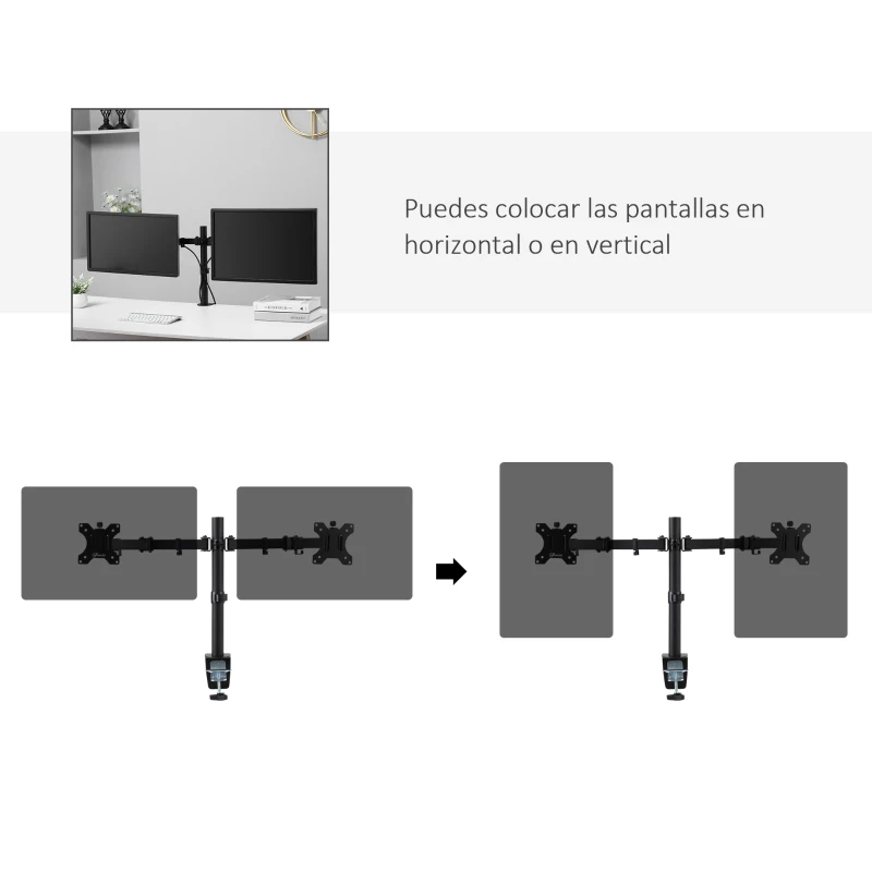 Vinsetto Soporte Monitor Doble para Pantallas de 13-32 Pulgadas LED LCD VESA 75/100 mm con Brazo de Resorte de Gas Ajustable Giratorio 360° 2 Opciones de Montaje 87x12x50 cm Negro
