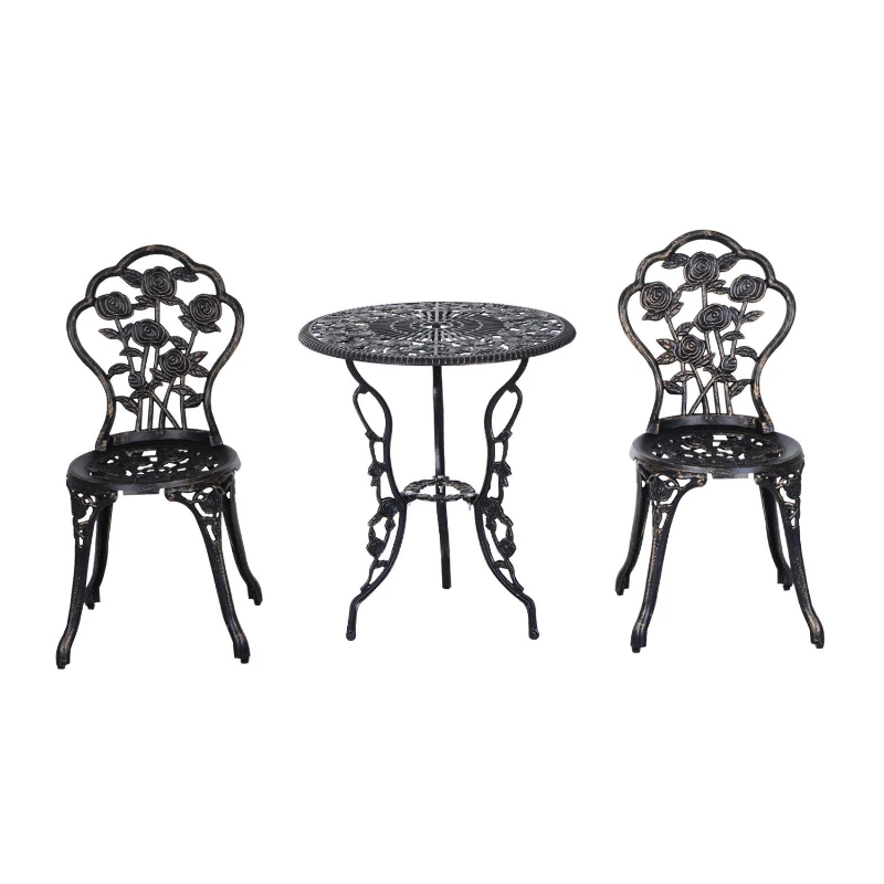 Outsunny Set Tavolo e due Sedie da Giardino in Stile Rétro con Decorazioni Floreali Color Bronzo