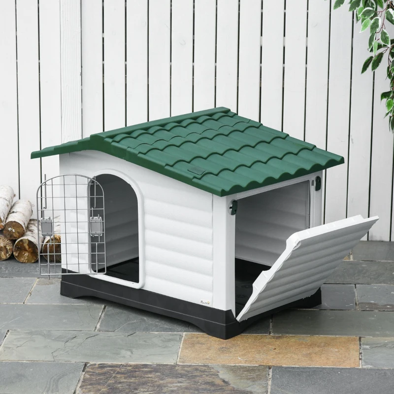 PawHut Casuta pentru caini in Plastic cu Usa si Fereastra 91x69x66cm Verde/Negru/Alb