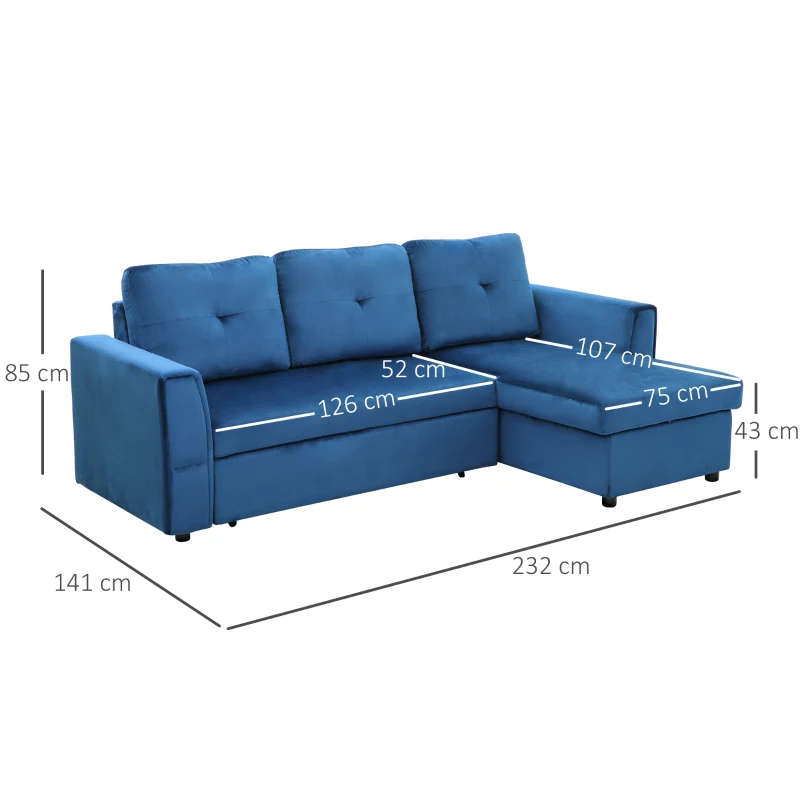 HOMCOM Canapea Extensibilă pe Colț cu 3 Locuri, Canapea Tapițată cu Compartiment de Depozitare, 232x141x85 cm, Albastru(m-3)