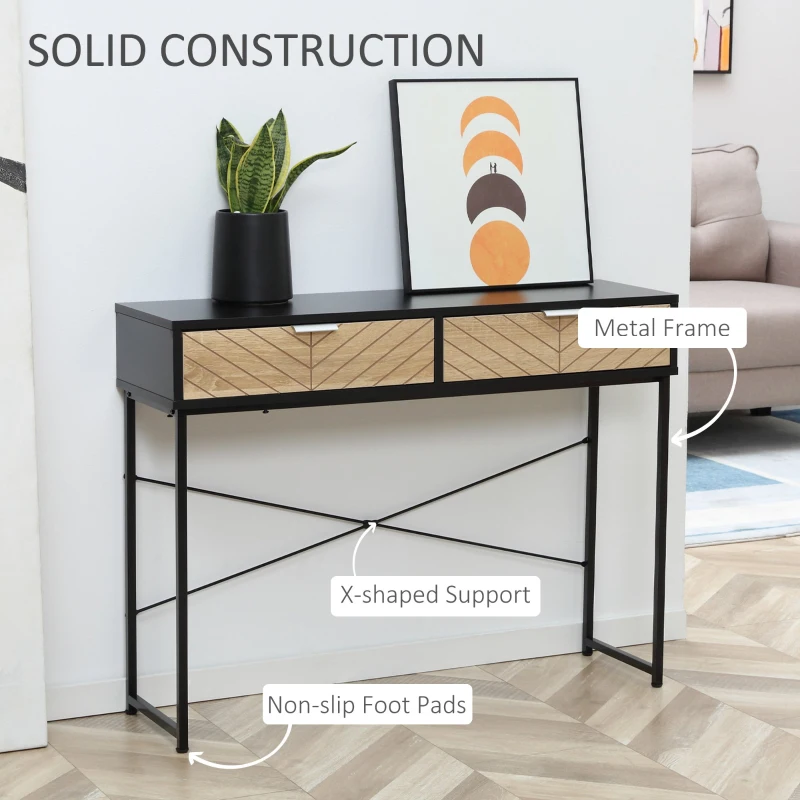 Consola Moderna HOMCOM pentru Hol si Sufragerie cu 2 Sertare Metalice 100x30x75cm - Negru