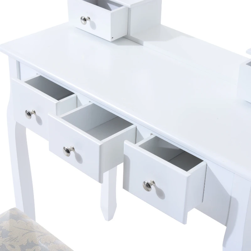 HomCom Tavolo da Trucco Mobile da Toletta Specchiera con Sgabello Specchio Girevole in Legno Bianco