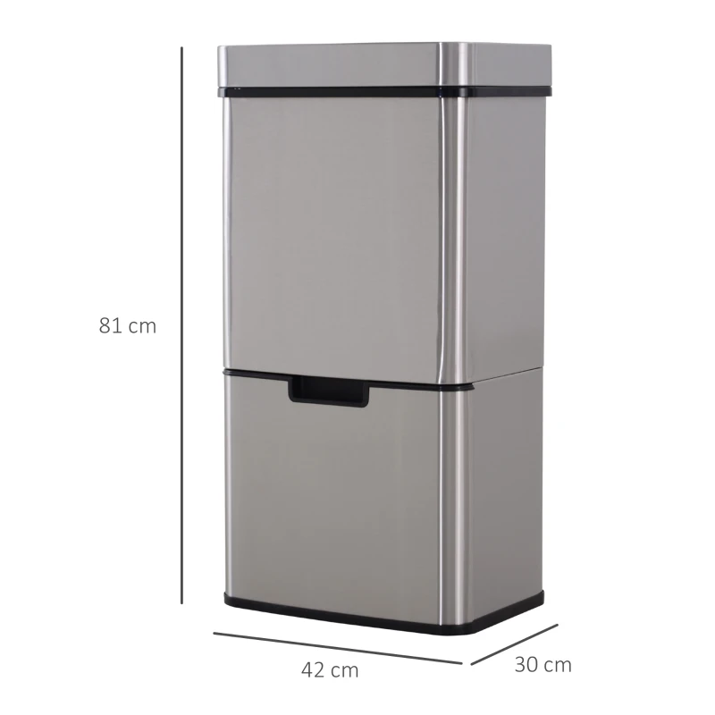 HOMCOM Cos de gunoi inteligent cu senzor , Capacitate 72 l, 3 Compartimente, 42 x 30 x 81 cm, Inox / ABS, Argintiu(m-3)
