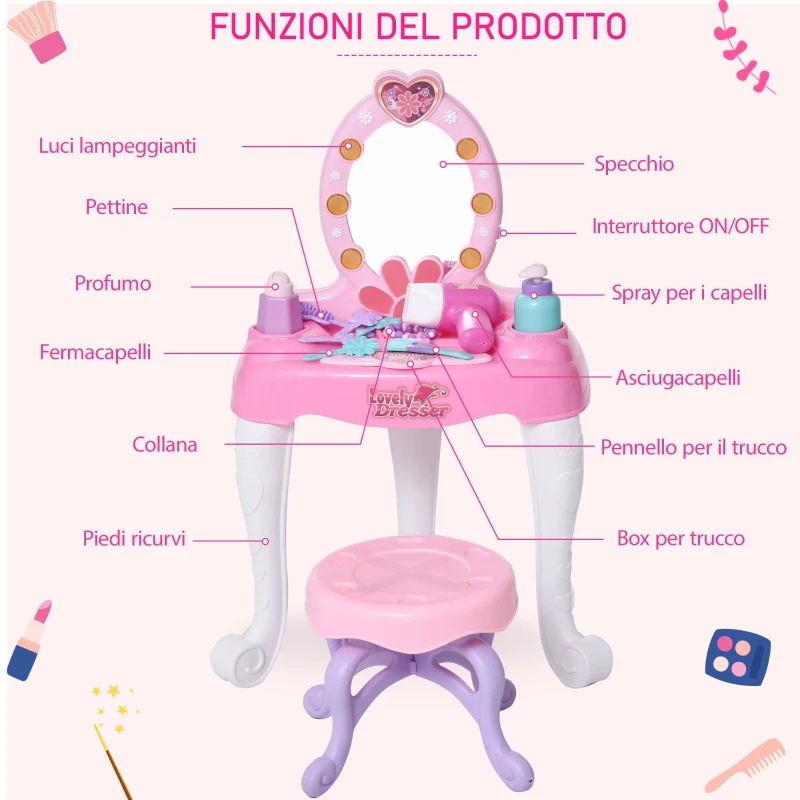 HOMCOM Set Make Up jucarie accesorii pentru machiaj pentru fetite 3+ ani  roz