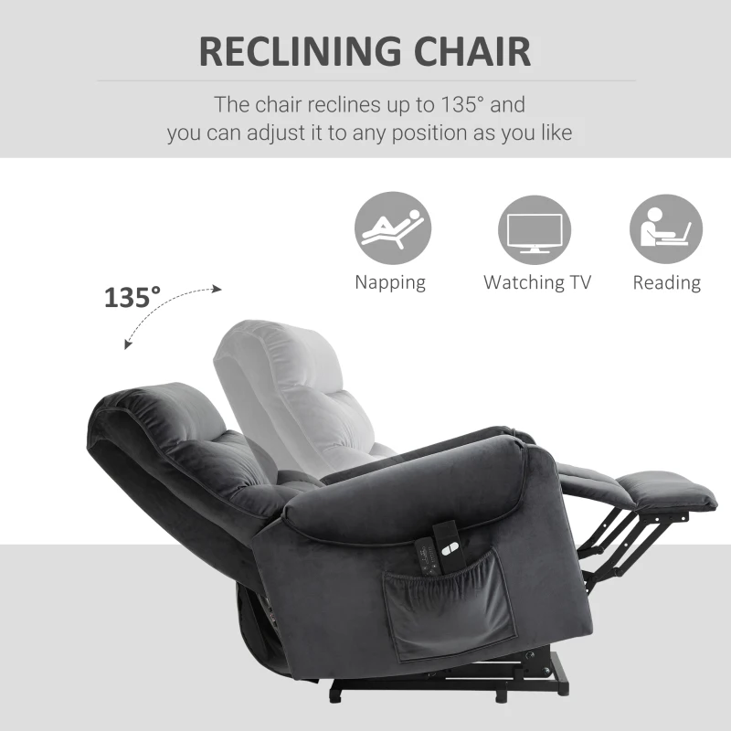 HOMCOM Fotoliu Electric Rabatabil la 135°, Fotoliu cu Masaj, Sistem de Înălțare și Teleocmandă, 79x97x103 cm, Gri Închis