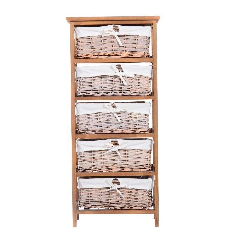 HomCom Mobilier cu 5 Cosuri din Rachita și Lemn ,Culoare lemn si alb, 40x29x90cm