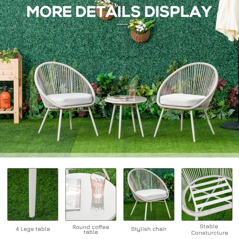 Outsunny set 3 piese, 1 masa si 2 scaune pentru exterior, crem