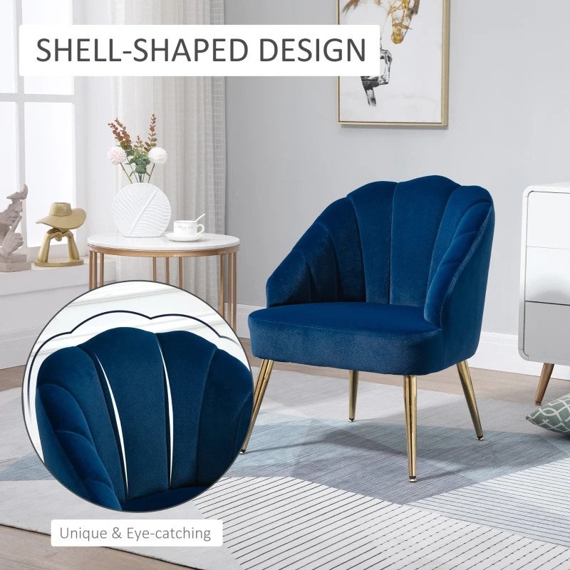 HOMCOM Fotoliu din Catifea Capitonat cu Spatar in Forma de Scoica pentru Dormitor si Living, 63x65x84cm