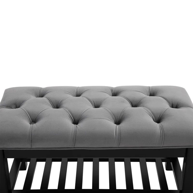 Homcom Banca pentru Pantofi Chesterfield Captusita Lemn Negru si Flanela Gri 80x40x46cm