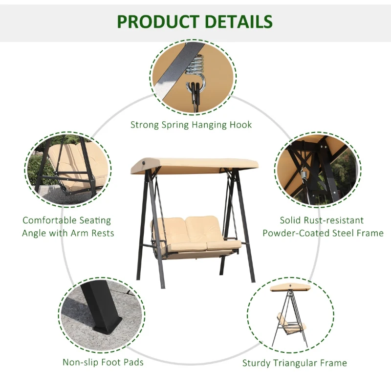 Outsunny Balansoar de Gradina cu 2 locuri, Acoperis reglabil si Structura din otel, 138 x 106 x 174cm