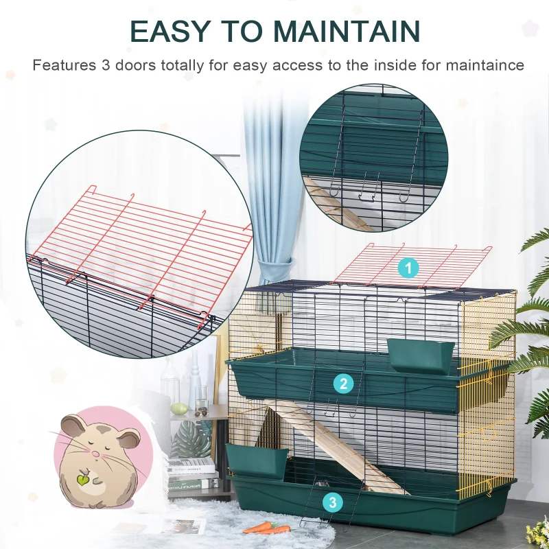 PawHut Cusca pentru iepuri cu 2 Niveluri cu Rampa, 3 Usi si 2 Alimentatoare
