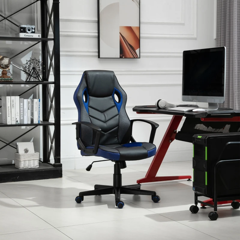 Vinsetto Scaun de Gaming Fotoliu de Birou Rotativ cu Roti din Piele ecologica Negru si Albastru