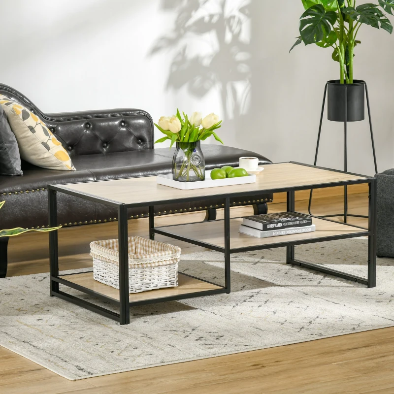 HOMCOM Masuta de Cafea Stil Industrial cu 3 Etajere, din MDF si Otel, 120x60x46cm - Lemn