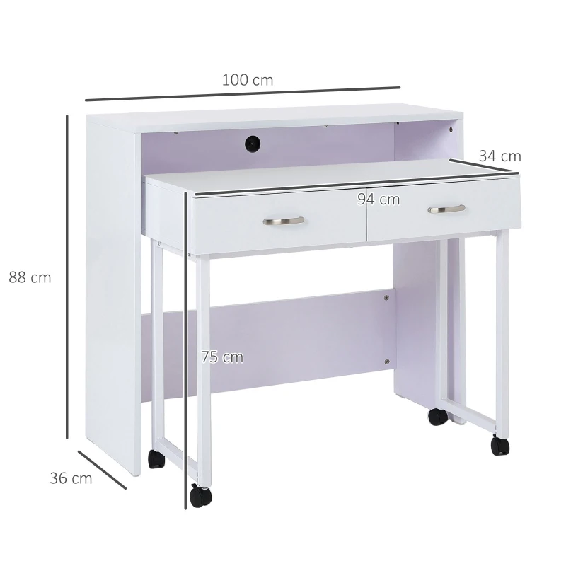 HomCom Masă de Birou pentru Calculator cu 2 Etajere, cu Roți din Lemn MDF, Alb, 100x36x88cm