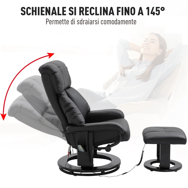 Homcom Fotoliu Rabatabil Masaj Incalzire din Piele Sintetica si Lemn Taburet Inclus Negru