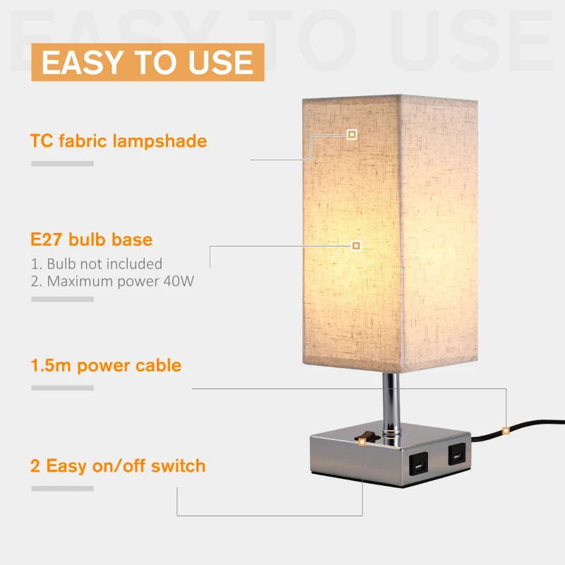 HOMCOM Lampa de Masa din Metal si Tesatura 2 Prize USB 2 Comutatoare, E27