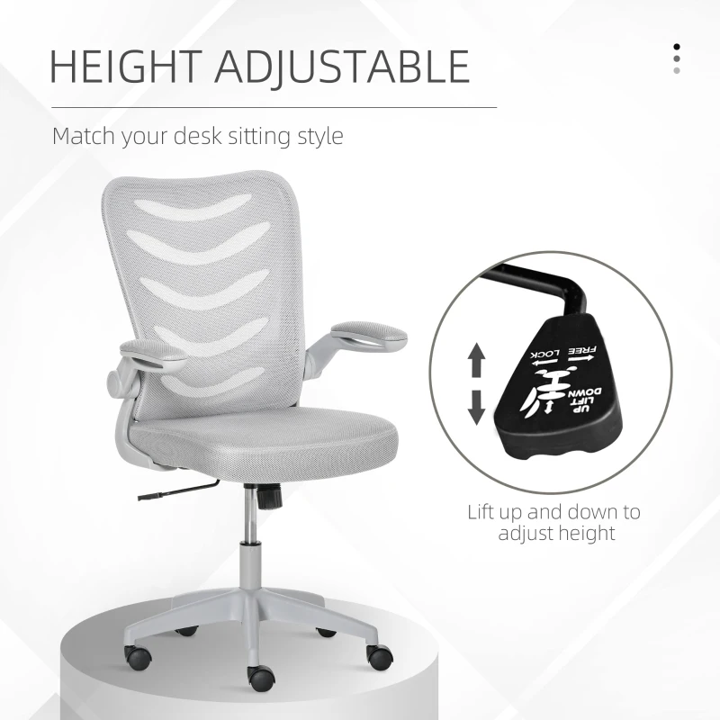 Vinsetto Scaun de Birou Pivotant Inaltime Reglabila Brate care Se Ridica Gri