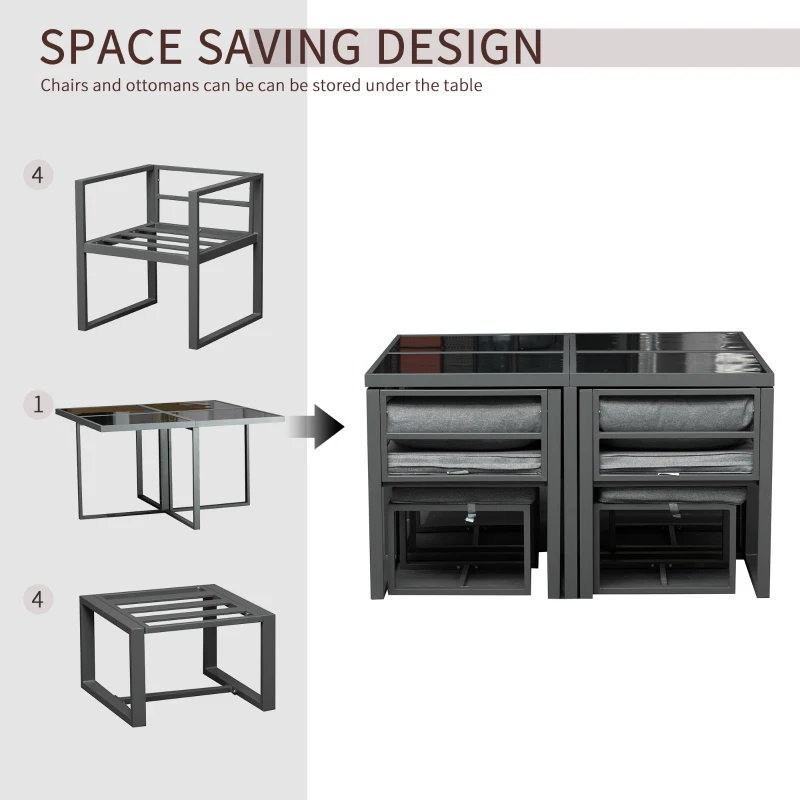 Outsunny Set cu Masa 4 Scaune şi 4 Taburete de Gradina din Aluminiu Gri