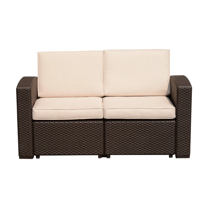 Outsunny Canapea in 2 Locuri in PE Rattan cu Perna, Maro, 141x71x75cm