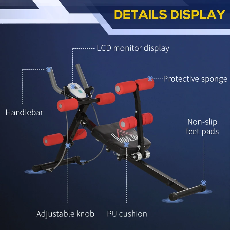 HOMCOM Banca pentru Abdomene 2 in 1, Banca de Gimnastica cu Monitor LCD, Scaun Reglabil si Benzi Elastice, 117x46x70cm
