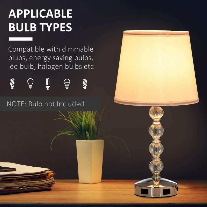 HOMCOM Lampa de Masa Moderna cu Cristale e 2 Mufe USB Lampa de Birou si Abat Jour Noptiera