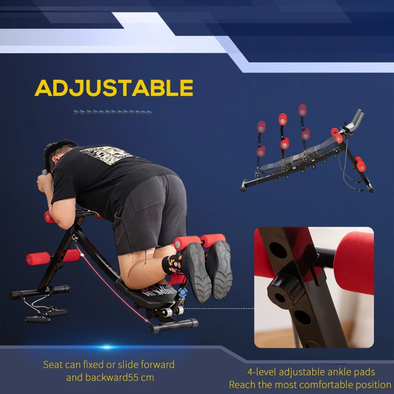 HOMCOM Banca pentru Abdomene 2 in 1, Banca de Gimnastica cu Monitor LCD, Scaun Reglabil si Benzi Elastice, 117x46x70cm