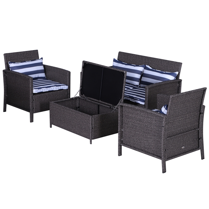 Outsunny Salotto da Esterno in PE Rattan Divano con 2 Poltrone e Tavolino Contenitore Grigio