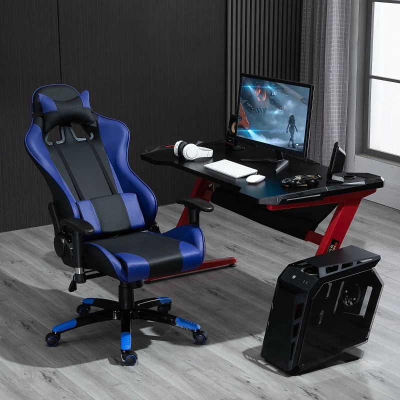 HOMCOM Fotoliu pentru Birou Gaming din Piele Sintetică Rotativ și Reclinabil cu Susținere Lombară și pentru Gât 67 x 67 x 123-132cm Negru-albastru