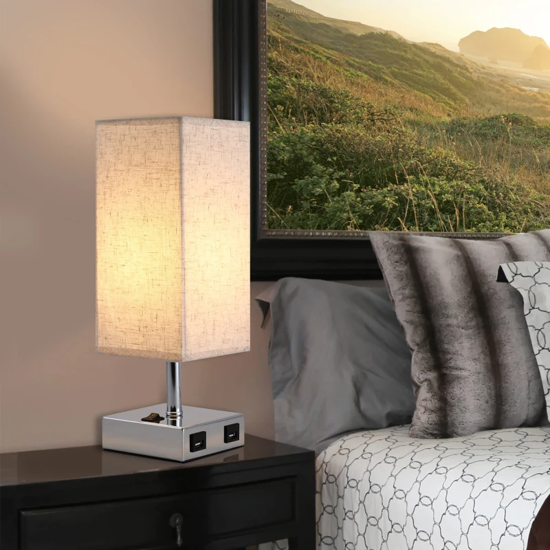 HOMCOM Lampa de Masa din Metal si Tesatura 2 Prize USB 2 Comutatoare, E27