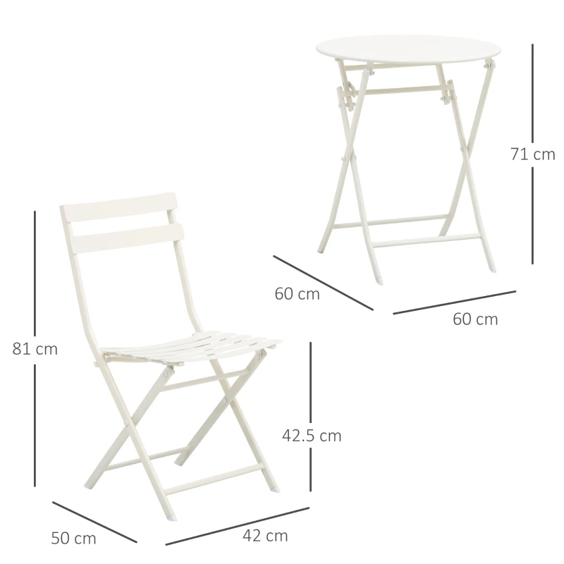 Outsunny Masuta cu Scaune de Gradina Pliabile din Otel Alba Set 3 Piese