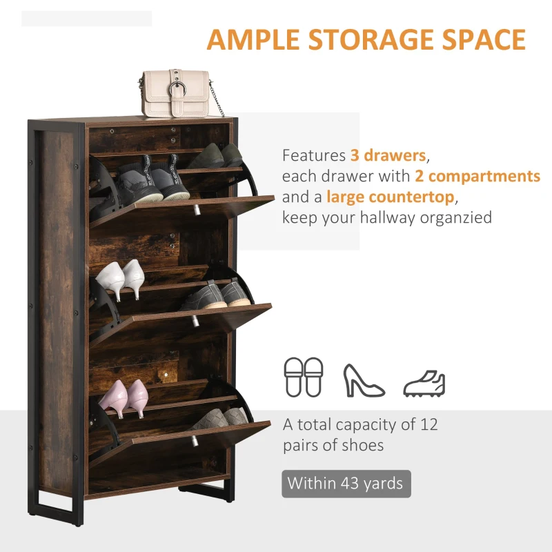 HOMCOM Mobilier Suport Pantofi cu Economisire de Spatiu 12 Pantofi Stil Industrial Lemn Metal