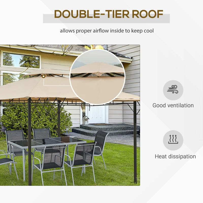 Outsunny Pergolă Metalică pentru Exterior sau Grădină, Foișor cu Acoperiș Dublu și Pânză Extensibilă, 3.3x3.3 m, Maro Deschis