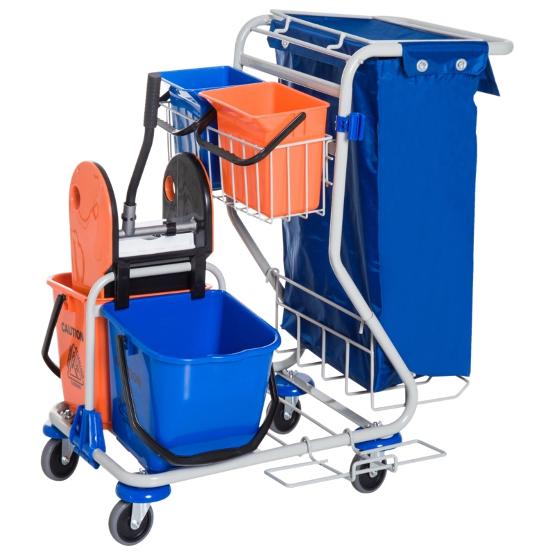 Homcom Carucior de Curatare Profesional cu 4 Galeti 18L / 6L Albastru si Portocaliu