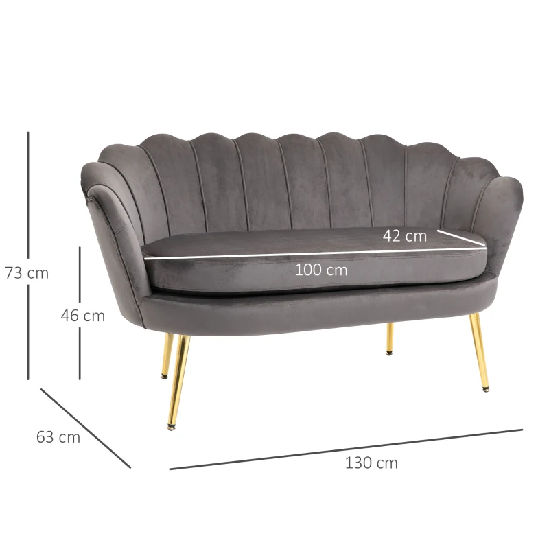 HOMCOM canapea din catifea, 2 locuri,130x63x73cm, gri(m-3)