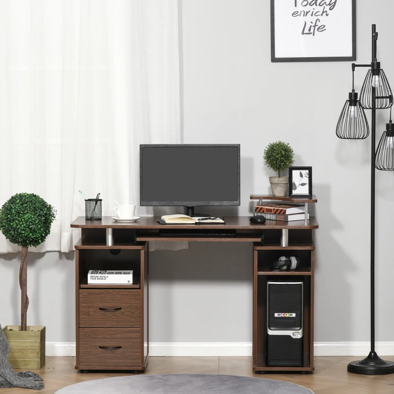 HOMCOM Masă de Birou Modernă cu Suport pentru Computer, Sertare, Poliță Extensibilă și Suport pentru Tastatură, 120x55x85 cm, Maro